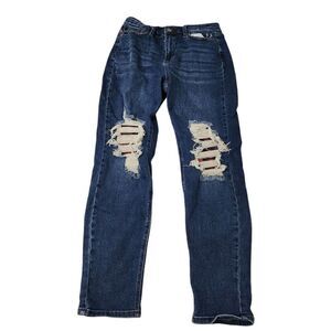 Judy Blue Jeans 29 Blue Buffalo Plaid Patch‎ Distressed Boyfriend Mid Rise